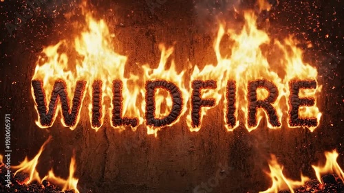 Fiery wildfire text animation on a dark background with glowing flames