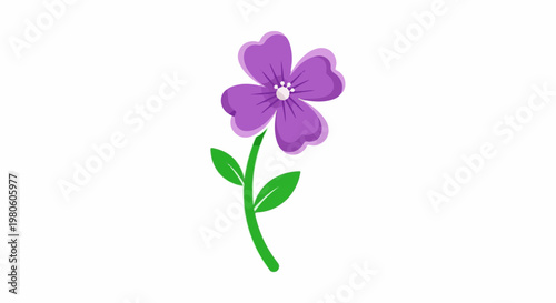 A single purple flower with green stem and leaves on white