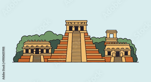 Stylized illustration of ancient stepped pyramids nestled within lush green foliage
