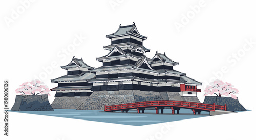 Pixelated castle with cherry blossoms and a red bridge over water