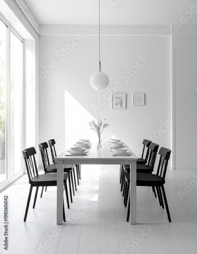 A minimalist dining room features a long grey table set for a meal, bathed in soft natural light.