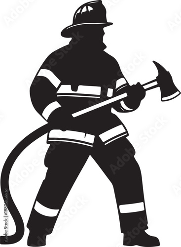 Black silhouette fireman holding axe and hose firefighter