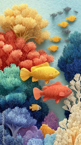 Layered paper cut illustration of a colorful coral reef with tropical fish. Underwater marine life and ocean conservation concept. Handmade papercraft 3d art style