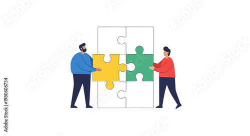 Two people working together to solve a jigsaw puzzle as a team metaphor.