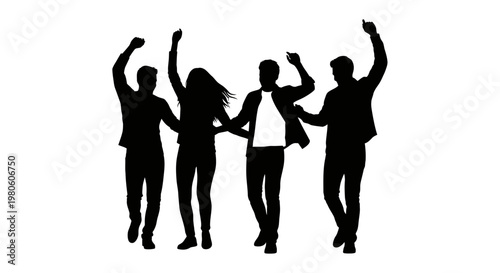 Silhouette of a group of four happy friends dancing and celebrating together.