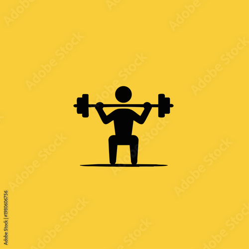 Weightlifting silhouette icon on yellow background, bodybuilder performing squats with barbell, fitness and strength training vector illustration