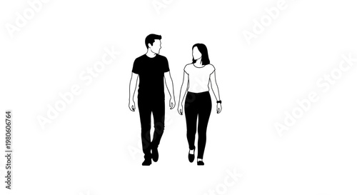 A line art illustration of a young couple walking together and talking.