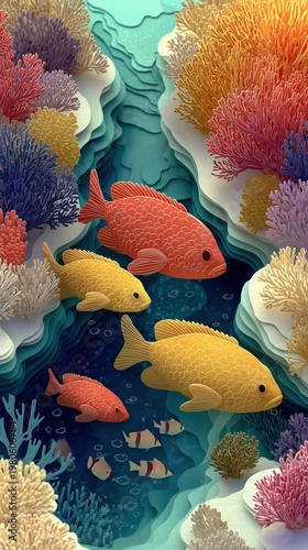 Layered paper cut illustration of a colorful coral reef with tropical fish. Underwater marine life and ocean conservation concept. Handmade papercraft 3d art style