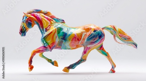 Multicolored horse statue in dynamic running pose with realistic muscle definition and polished surface, isolated on white background with sharp focus.