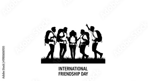 Silhouette of a group of friends with backpacks for International Friendship Day.