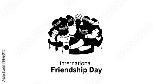 A group of diverse people standing in a circle hugging together in a stylized black and white illustration representing unity and international friendship day.