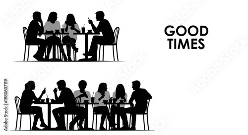Silhouettes of people socializing at tables in a cafe.