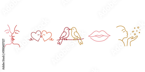 Minimalist Romantic Line Art Set with Hearts Birds and Kisses