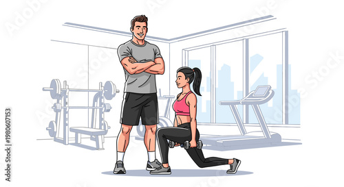 A personal trainer supervises a woman performing lunges with a dumbbell in a modern gym setting.