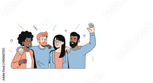 Group of diverse friends smiling and waving together.