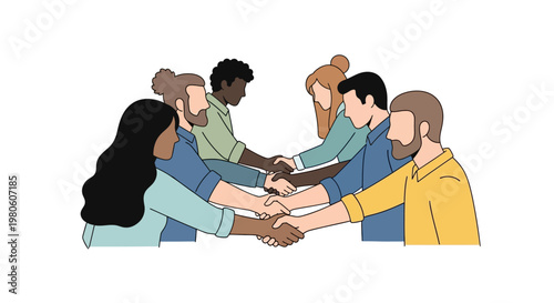 Diverse group of people joining hands in a circle for unity and cooperation.