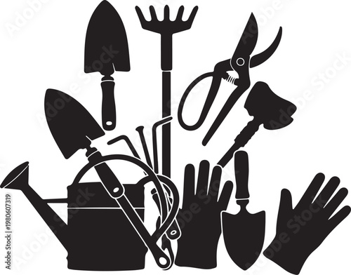 Black silhouette gardening tools and gloves on white background