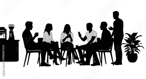 Silhouette of a diverse group of people meeting and talking in a modern office environment.