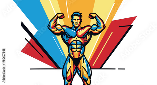A muscular bodybuilder flexing his biceps with a vibrant, abstract background of red, yellow, and blue.