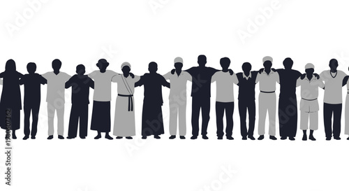Diverse group of people standing in a line holding hands in solidarity.