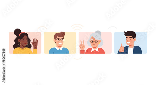 Diverse group of people in video conference frames.