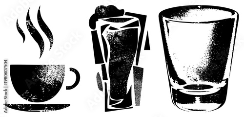Vector of coffee, frothy beer, and shot glass, halftone texture, isolated drink symbols, bar and café essentials, stylized beverage.