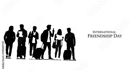 Silhouette illustration of a group of friends traveling together with luggage.