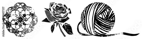 Detailed halftone rose, textured cauliflower, and yarn ball graphic, vector art, stylized botanical and craft motifs, isolated design elements.