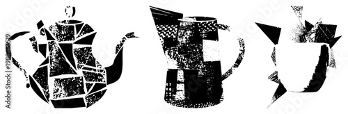 Stylized broken teapot, French press, and mug with textured glitch effects, vector design, artistic fractured shapes, retro graphic style.