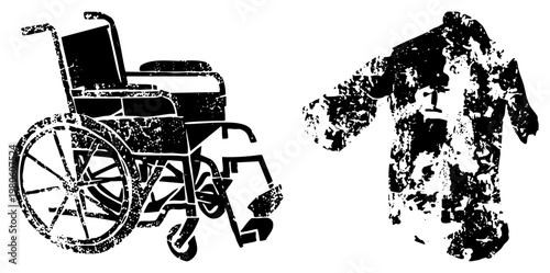 Stylized wheelchair and raincoat rendered in distressed black vector art, urban mobility aid, weather protection gear, gritty texture, silhouette design, accessibility symbol, fashion accessory.