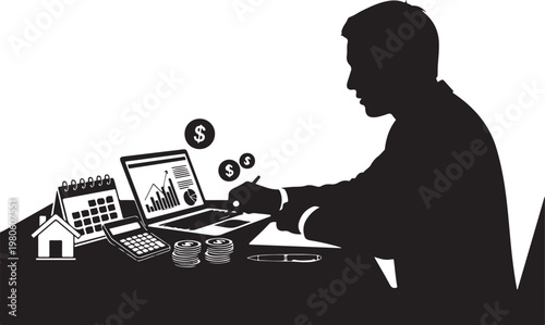 Black silhouette man sitting at desk with laptop and financial symbols