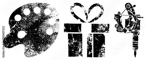 Black halftone vector of artist’s palette, gift box, and tattoo machine, stylized with gritty texture, ideal for creative branding or design assets.