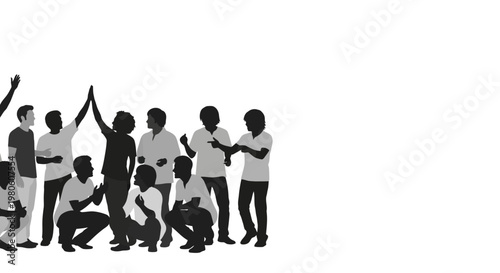 Silhouette of a diverse group of young people celebrating success together.