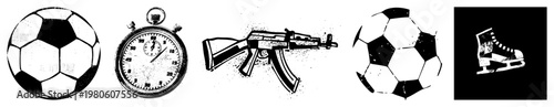 Classic stopwatch timing, AK 47 assault rifle, soccer ball, ice skate symbols of sport, time, conflict, winter vector.