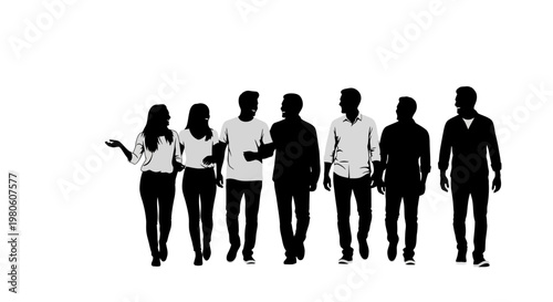 Silhouette of a diverse group of young friends walking together.