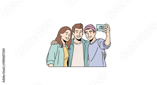 Three happy friends taking a group selfie photo together.