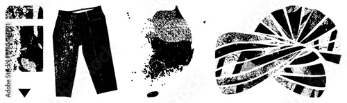Stylized vector shapes including pants silhouette, splatter forms, and fan like, rendered in high contrast with gritty texture effects, ideal for modern graphic design or branding.