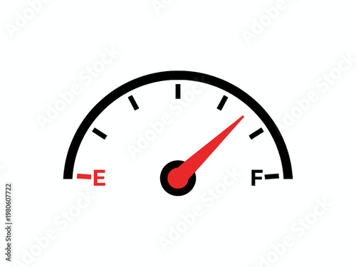 Car fuel gauge icon with red needle pointing to full level