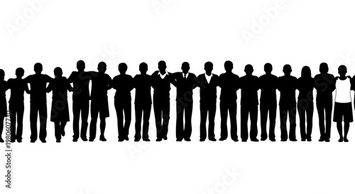 Silhouettes of a diverse group of people standing in a row.