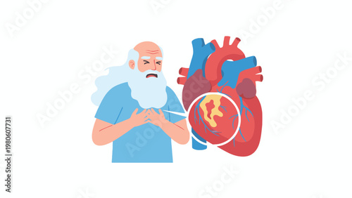 Senior man clutching chest in pain with heart anatomy diagram