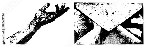 Stylized halftone hand gesture and envelope, vector illustration, graphic design elements, art, digital print aesthetic, vintage poster style, isolated foreground.