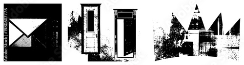 Stylized doorways and envelope rendered in halftone, vector art, graphic design elements, shapes, architectural motifs, communication symbols.