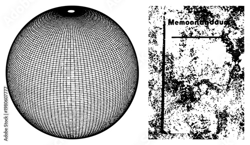 Vector sphere with grid overlay, halftone texture, isolated memo pad, stylized document, technical illustration, graphic design element, aesthetic.