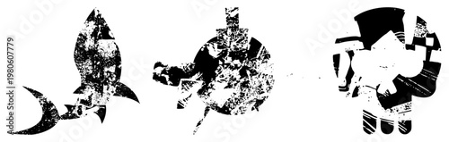 Abstract vector with gritty texture, ship, mechanical robot, robot wearing hat, stylized symbols, urban glitch art.