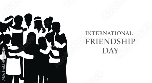 Silhouette of a diverse group of people hugging each other for International Friendship Day.