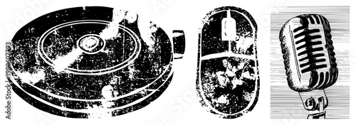 Retro tech vinyl turntable, computer mouse, classic mic, halftone vector art, nostalgic digital devices, isolated tech symbols.