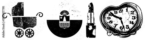 Retro graphic including baby stroller,, lipstick tube, and analog clock, all rendered in gritty, textured black and white vector style with worn edges and vintage patina.