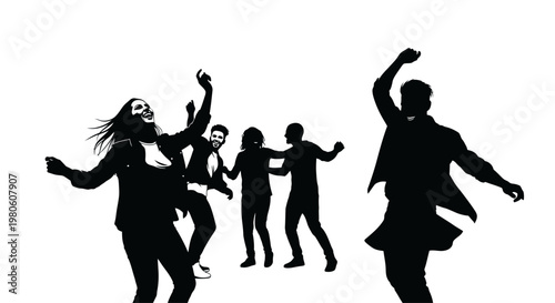 Group of young people dancing together in energetic black silhouettes on white background.