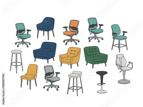 Chair and furniture icon set for office and home interior