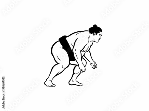 Sumo Wrestler Crouching in Starting Position Vector Illustration
